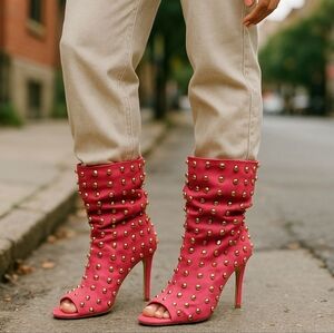 Studded red Peep toe booties. Size 10